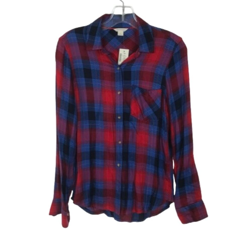 NWT Aeropostale Womens Size Small Blue Red Wide Plaid Button Up Shirt Top NEW